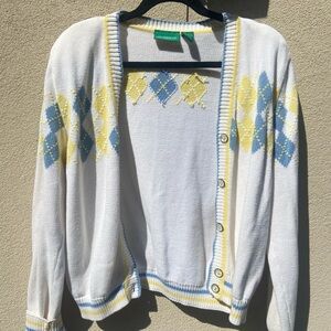 Liz Claiborne Women's Golf Argyle Cardigan Sweater - White, Blue, Yellow